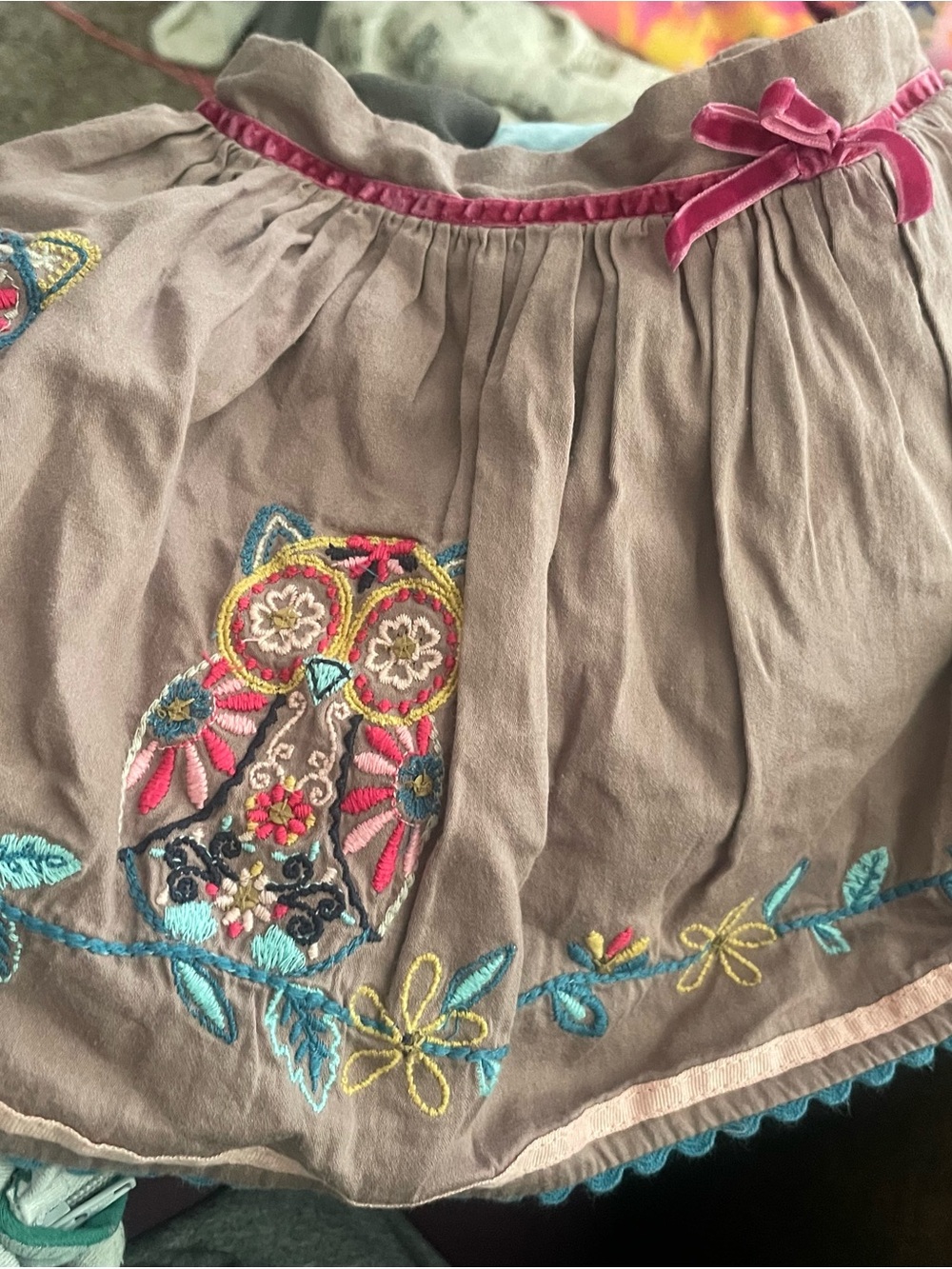 Monsoon Taupe Skirt with Pink Trim and Multicolor Owl Embroidery Sz 6/12mths